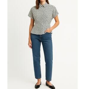 VINTAGE TESS Fitted Waist Button-Up Blouse | Size 6 | White Navy | Retro Office